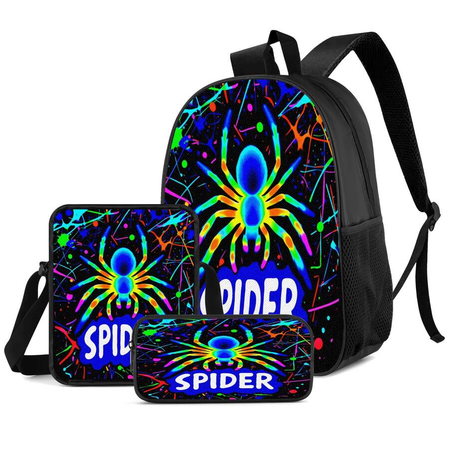Colorful Spider 2D Print 3 Pieces Backpack Set, Large Capacity Backpack, Crossbody Bag, Pencil Case, Adjustable Wide Breathable Shoulder Straps, Side Mesh Pocket Water Bottle Holder, Personalized Daily Commute Travel Casual Storage Bag - Printed Bag - View 1