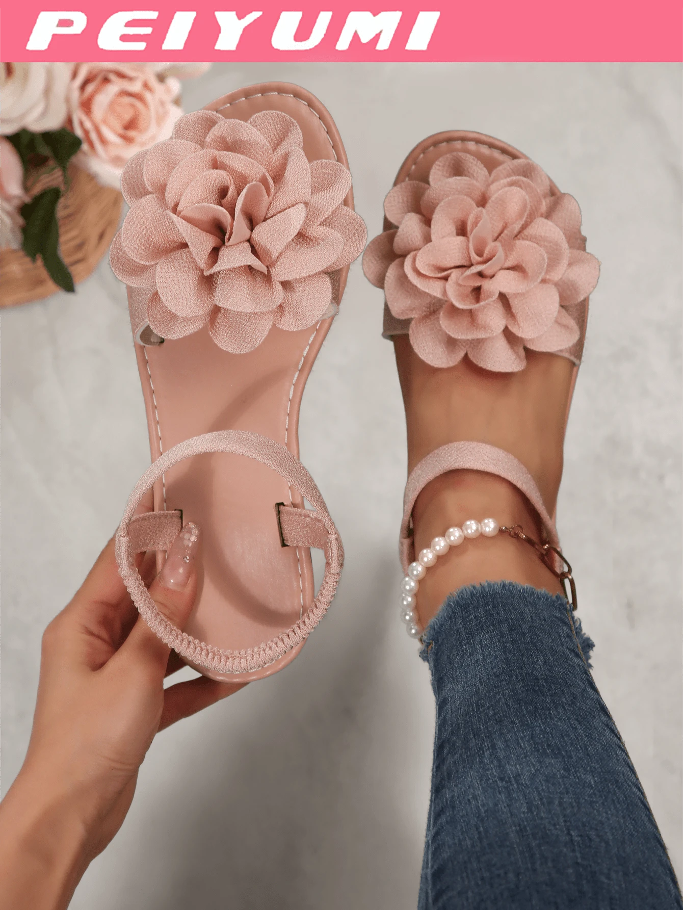 PEIYUMI Women's Sandals, Summer Beach Flower Decor Sandals, Elastic Stretch Band Design, Easy To Carry - Pink - View 1