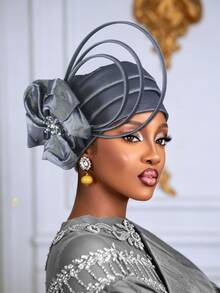1pc Women Elegant African Gele Turban Hat, Rhinestone Large Flower & Curly Loop Decor Pre-Tied Headwrap, Solid Color Church Party Wedding Statement - A - View 14