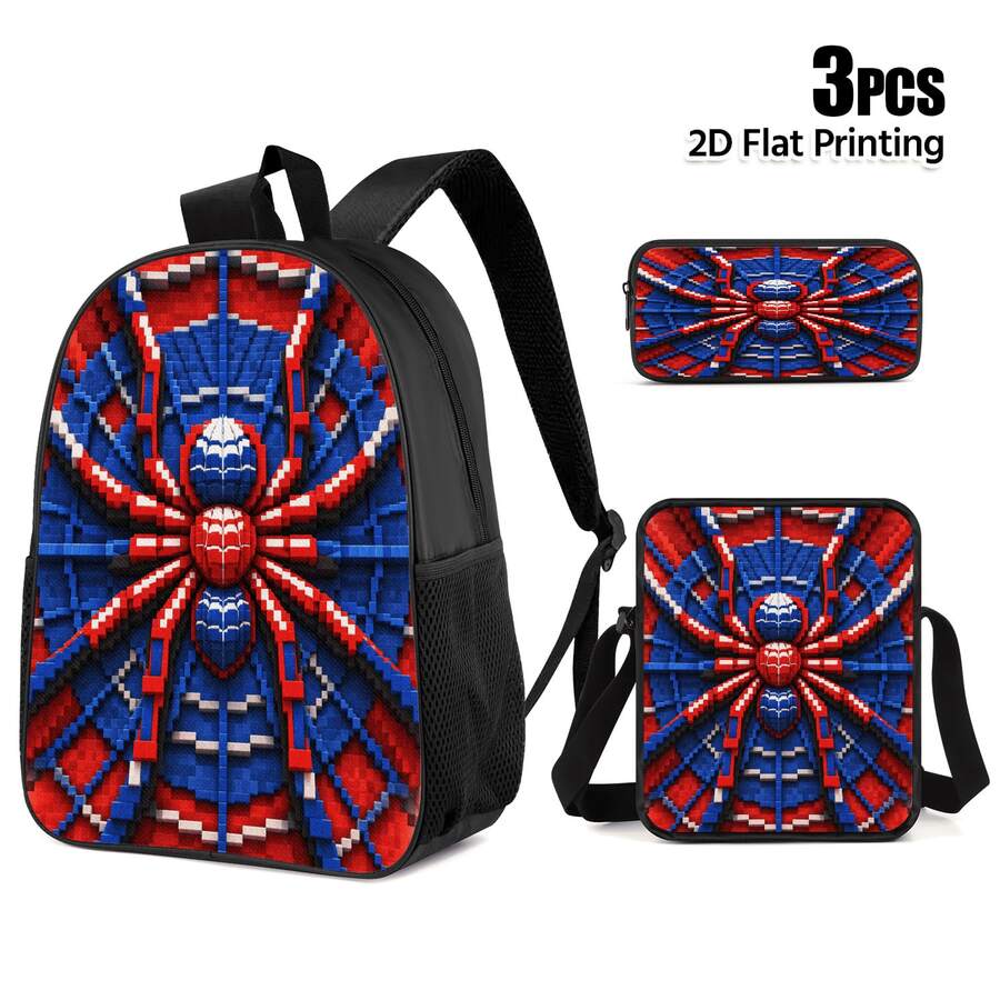 3pcs Backpack Set With 2D Flat Print Pixel Spider Pattern, Includes Daypack Pencil Case Crossbody Bag For Daily Travel Outdoor Use - Backpack Set - View 1