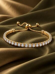 Camhanno Gold Tennis Bracelet Adjustable Pull Chain, Shiny Round Zirconia Bracelet, Women Dainty Wrist Jewelry Gift - Gold - View 4
