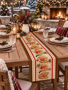 1pc Christmas Table Runner, Cute Gingerbread Man With Christmas Hat Print, American Country Winter Holiday Table Runner, Dining Table Christmas Decoration - Multicolor - View 11