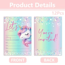 12Pcs Rainbow Unicorn Birthday Party Invitations, Perfect For Birthday Parties, Cute Unicorn Invitations, Rainbow Unicorn Invitations - Multicolor - View 10