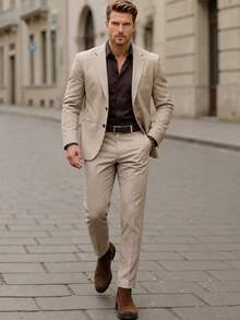 Men's 2-Piece Suit Set, Solid Color Single-Breasted Blazer And Pants, Suitable For Spring, Summer, Autumn, Casual, Business, Commuting - Khaki - View 7