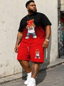 Men's Street Fashion Casual Sports Series " Teddy Bear" Gradient Pattern Sports Suit - Polyester Knit Fabric, Round Neck Design, With Drawstring Shorts, Pocket Details, Regular Fit, Suitable For Plus Size - Multicolor - View 1