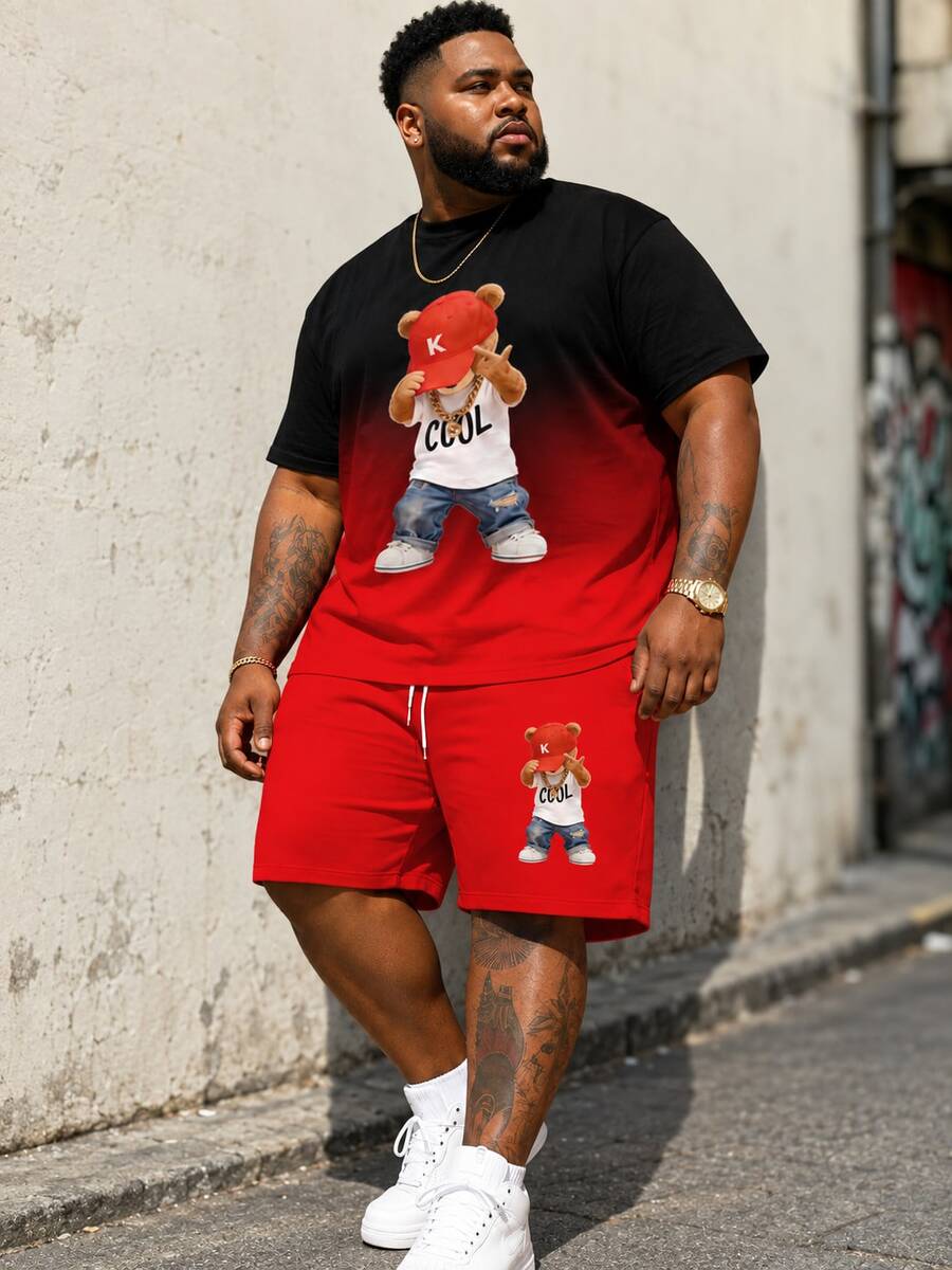 Men's Street Fashion Casual Sports Series " Teddy Bear" Gradient Pattern Sports Suit - Polyester Knit Fabric, Round Neck Design, With Drawstring Shorts, Pocket Details, Regular Fit, Suitable For Plus Size - Multicolor - View 1