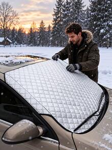 1pc Foldable Car Front Windshield Snow Cover, Silver Aluminum Foil Frost & Ice Protection Cover, Snowproof Frostproof Waterproof Windproof, Elastic Strap Design, Summer UV Sunshade, Universal For Sedan SUV Outdoor Parking All-Season Car Protection - A - View 3