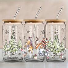 Disney Winnie The Pooh Christmas Glass Tumbler With Bamboo Lid & Straw, Iced Coffee Cup Holiday Gift - Winnie - View 8