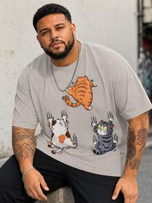 Plus Size Men's Casual Cartoon Print Crew Neck Short Sleeve T-Shirt - Khaki - View 1