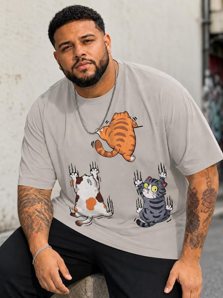 Plus Size Men's Casual Cartoon Print Crew Neck Short Sleeve T-Shirt - Khaki - View 1