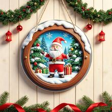 1pc 2D Santa Claus Snow Scene Decorative Sign, Round Acrylic Signboard - Suitable For Home Decor, Living Room, Bedroom, Study, Office, Room Decoration - A - View 3
