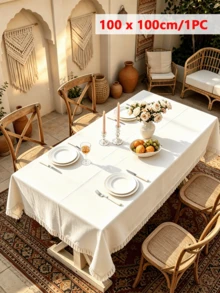 1/24PCS Bohemian White Tassel Edge Tablecloth, Washable And Reusable, Skin-Friendly And Absorbent, Suitable For Hotel, Wedding, Banquet, Picnic, Activity, Party, Gathering, Home Daily Decoration - White - View 10