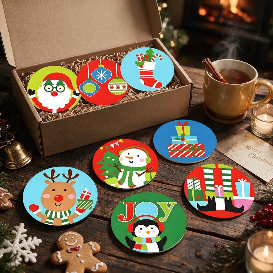Best-Selling Christmas Style, Colorful Christmas Element Pattern Design PET Non-Slip Waterproof Coasters, Table Protector, Christmas Dinner Decoration, Holiday Party Home Kitchen Decor, Christmas Gift For Friends And Family - PET Coaster LDX2822 - View 1