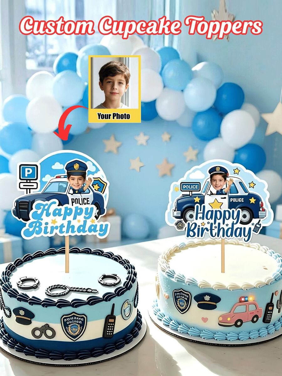 Personalized Face Photo Cake Topper, Custom Happy Birthday Cake Topper With Your Photo, Fun Birthday Cake & Cupcake Decorations, Police Car Theme Party Supplies, Custom Photo Cake Decor For Kids Boys Birthday Parties - Multicolor - View 1