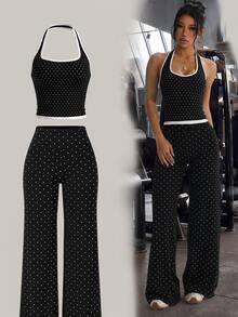 Women's Black & White Polka Dot Halter Neck Set, Contrast Trim Fitted Halter Tank Top + High Waist Flowy Wide Leg Pants 2 Pieces Set - Black and White - View 3