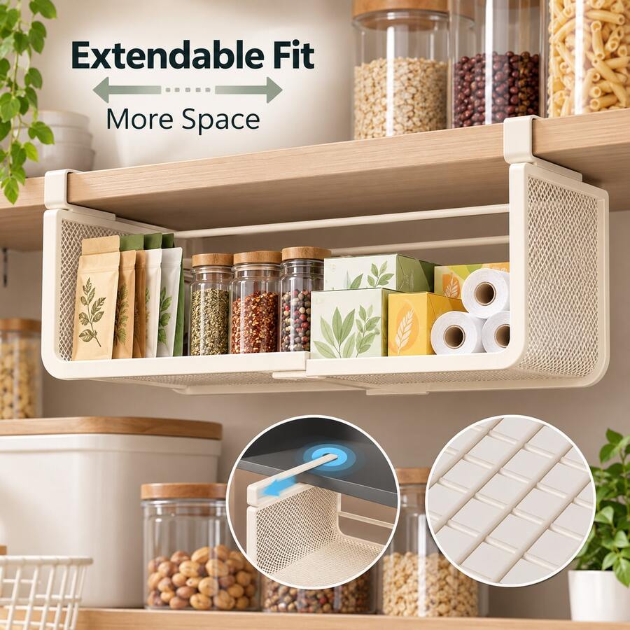Expandable Under Cabinet Storage Rack, Iron Hanging Basket For Pantry, Wardrobe And Laundry Room - View 1