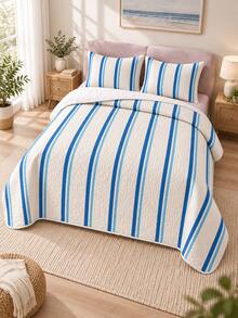 Set Sprei Quilted Motif Garis Ganda Biru Tua 3pcs (1 Sprei, 2 Sarung Bantal, Isian Bantal Tidak Termasuk) Nyaman dan Bernapas, Cocok untuk Semua Musim, Hadiah Liburan, Cocok untuk Hotel, Penginapan, Kamar Tidur, Sprei Ultra Lembut, Bernapas, dan Menyerap Kelembapan - MultiWarna - View 5