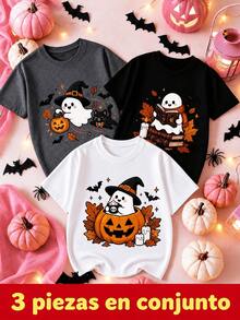 3 piezas Halloween calabaza calaverita cara Camiseta gráfica de mujer con cara de calabaza de Halloween  Camiseta ligera de cuello redondo para disfraces de fiestas de Halloween - Multicolor - Ver 1