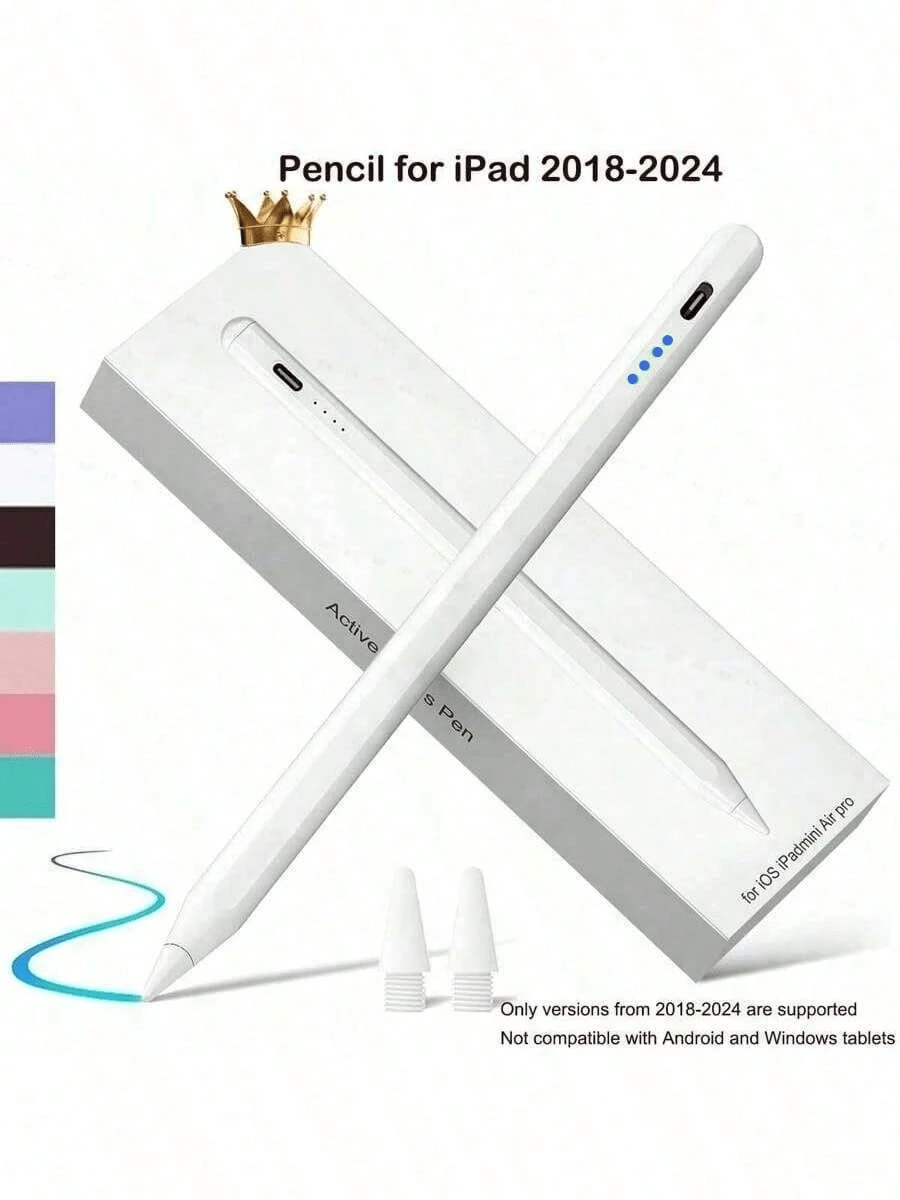 1pc Compatible With Apple 2018-2024 Capacitive Stylus Pen, 120mAh Lithium-Ion Battery Fast Charging, Palm Rejection, Tilt Sensitivity, Compatible With Apple Pen, Compatible With IPad 10th/9th/8th/7th/6th Gen, Pro 11/12.9/13 Inch M4, Air 3/4/5/M2, Mini 5/6 [No Magnetic Charging Function] Battery Capacity 90mAh