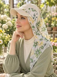 Women Floral Printed Hijab Cap With Brim, Lightweight Chiffon Turban Hat, Sun Protection Baseball Style Headscarf For Daily Outdoor - Multicolor - View 5