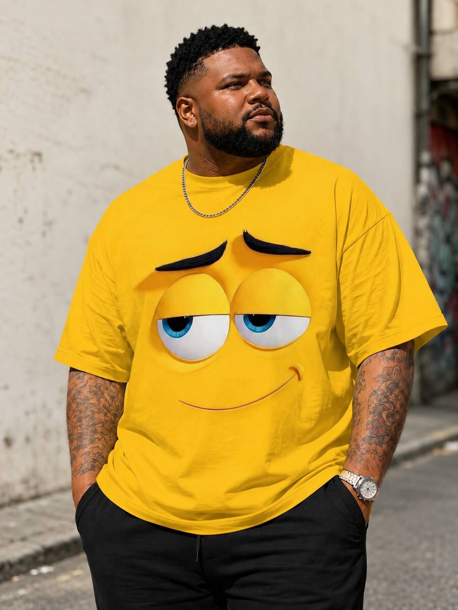 Kaos Olahraga Kasual Pria Ukuran Besar, Leher Bulat, Kain Rajut Poliester Nyaman & Bernapas, Motif Kartun Lucu yang Modis, Atasan Unik yang Dapat Dipersonalisasi - Kuning - View 1