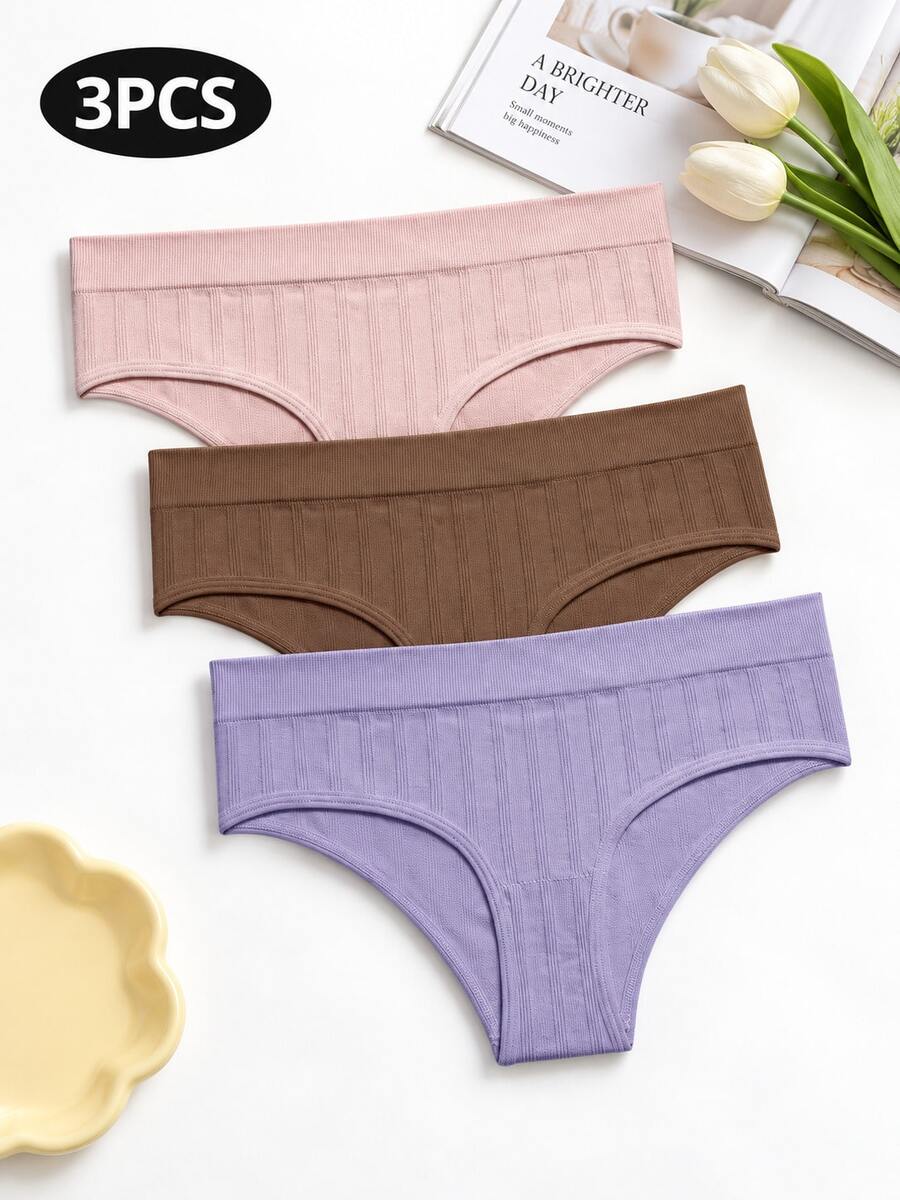 Set 3 quần lót tam giác gân cho bé gái, màu trơn, thiết kế cạp rộng đơn giản, bảng màu macaron mềm mại, ôm dáng, phù hợp cho học sinh tuổi teen mặc hàng ngày đi học, mặc nhà thư giãn, phối đồ đa năng cho mùa thu/đông, nhiều màu kết hợp - Nhiều màu - Xem 1