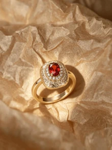 1pc Vintage Hammered Texture Gold Color Ring For Women Halo Red Cubic Zirconia Statement Ring Luxury Party Wedding Stackable Jewelry Accessories Gift - Ring - View 6