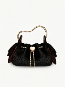 Women Shoulder Bucket Bag,Dotted Print,Faux Fur Fabric,Heart Gold Lock & Chain Strap,Drawstring Closure,Cute Retro Style,Autumn Party - Black - View 5