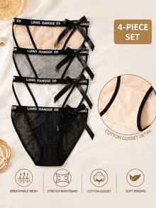 4 piezas de bragas triangulares minimalistas y sexys para mujer, bragas de malla de encaje con lunares semitransparentes, lazo y letras de moda en la cintura, cintura media y entrepierna de algodón puro - Multicolor - Ver 12