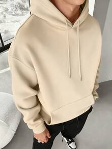 Men's Casual Fashionable Versatile Limitless Slogan Print Kangaroo Pocket Drawstring Hoodie, Autumn/Winter - Apricot - View 2