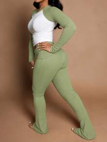 Kliou Fall 3 Pieces Set Woman Tracksuit Head Bands+Patchwork Crop Tops+Long Pant Streetwear Casual Stretch Slim Outfits - Green - View 1