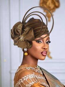 1pc Women Elegant African Gele Turban Hat, Rhinestone Large Flower & Curly Loop Decor Pre-Tied Headwrap, Solid Color Church Party Wedding Statement - A - View 13