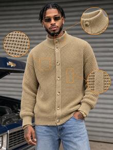 BLACKTOEXIT Men's Dropped Shoulder American Retro Minimalist Casual Daily Commute Knitted Cardigan Sweater, Autumn/Winter - Khaki - View 2