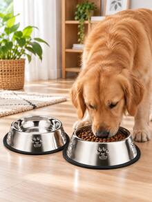 1PC Carbon Steel Pet Bowl, Non-Slip Dog Food & Water Bowl, Paw Print Design, Durable & Easy To Clean, Suitable For Small, Medium And Large Dogs & Cats - 300ml - View 1