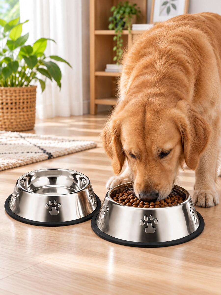 1PC Carbon Steel Pet Bowl, Non-Slip Dog Food & Water Bowl, Paw Print Design, Durable & Easy To Clean, Suitable For Small, Medium And Large Dogs & Cats - 300ml - View 1
