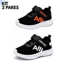 Kit com 2 Pares de Tênis Infantil Esportivo Casual para Meninos e Meninas - PRETO/BRANCO + PRETO/LARANJA - Visão 8