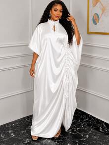 African Style White Loose Long Bubu Dress, Lace Collar, Batwing Sleeves, Side Drawstring Ruched Kaftan Dress, Suitable For Formal Church Occasions - White - View 2