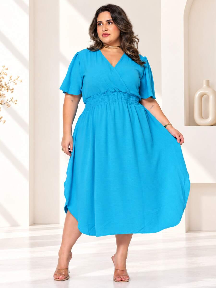 Women's Plus Size Midi Dress Wrapped Short Sleeve Duna Elegant Casual - 查看 1