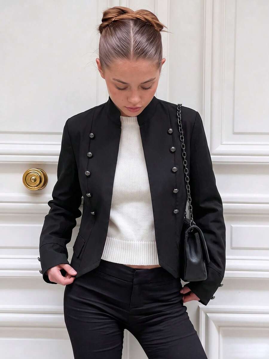 Women's Black Napoleon Jacket, Autumn Fashion Office Wear - Black - View 1