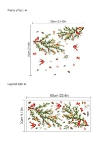 Watercolor Red Cardinal Pine Branch Wall Decal, Orange Kitten Perched On Christmas Pine Branch, Robin Wearing Red Hat, Red Berries, DIY Peel And Stick Vinyl Sticker, Bedroom Kitchen Bathroom Wall Refrigerator Cabinet Toilet Window Christmas Atmosphere Decor, Gift - Multicolor - View 13