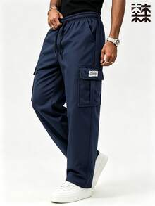 Mulinsen Men's Fleece Lined Cargo Pants, Winter Loose Straight Leg Multi-Pocket Drawstring Waist Warm Casual Long Pants - Blue - View 3