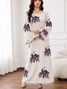 OENY | Arabic Long Dress, Elegant Style With Oversized Floral Print, Round Neck And Long Sleeve Design, Back Waist Tie - Baby Pink - View 5