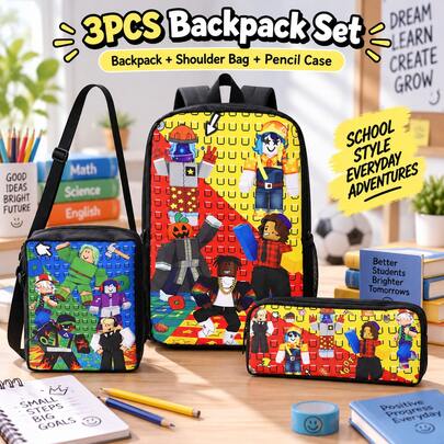 Roblox New 3PCS Anime Combination Backpack Set Including Backpack, Crossbody Bag, Pencil Case, Adjustable Shoulder Straps, Zipper Design, Unisex, Suitable For School, Travel, Camping, Ideal Gift For Christmas, Birthday, Back To School Season