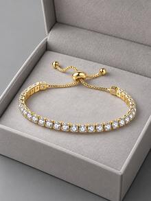 Camhanno Gold Tennis Bracelet Adjustable Pull Chain, Shiny Round Zirconia Bracelet, Women Dainty Wrist Jewelry Gift - Gold - View 6