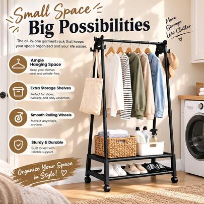 Clothing Rack With Wheels, Carbon Steel Rolling Garment Rack With 2-Tier Storage Shelves & Side Hooks, Space-Saving Freestanding Clothes Organizer For Bedroom, Dorm, Apartment & Laundry Room, 360° Swivel Casters