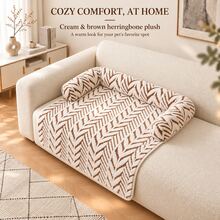 1 miếng đệm sofa thú cưng mùa đông bằng lông mềm ấm áp với gối tựa ba mặt và vạt trước kéo dài, họa tiết kim cương màu kem và nâu - Nhiều màu - Xem 7