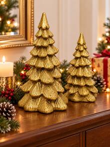 1PC Gold Resin Christmas Tree Tabletop Decor, Textured Holiday Ornament For Mantel, Shelf, Entryway And Living Room, Christmas Gift - Multicolor - View 6