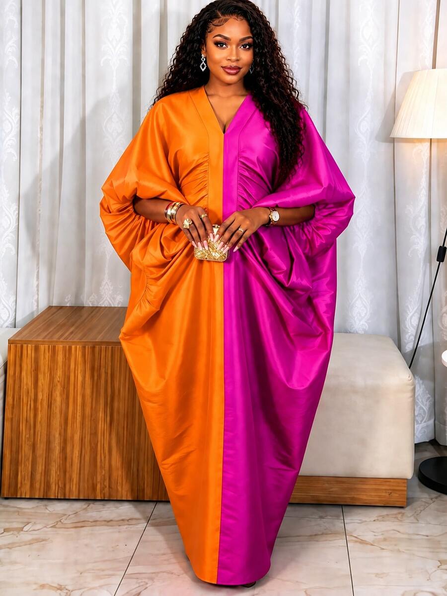 AOMEI African Style Elegant Loose Fit Bubu Women's Dress V-Neck Batwing Sleeve Ruched Modest Kaftan Dress