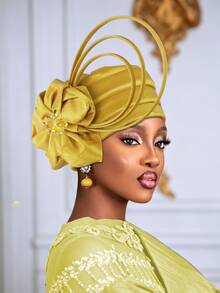 1pc Women Elegant African Gele Turban Hat, Rhinestone Large Flower & Curly Loop Decor Pre-Tied Headwrap, Solid Color Church Party Wedding Statement - A - View 7