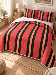 3pcs Red And White Striped Quilted Bedding Set (Bedspread*1, Pillowcases*2, Pillow Inserts Not Included) Breathable And Comfortable, Suitable For All Seasons, Holiday Gift, Ideal For Hotels, Inns, Bedrooms, Ultra-Soft Breathable And Sweat-Absorbent Bedding - Multicolor - View 5